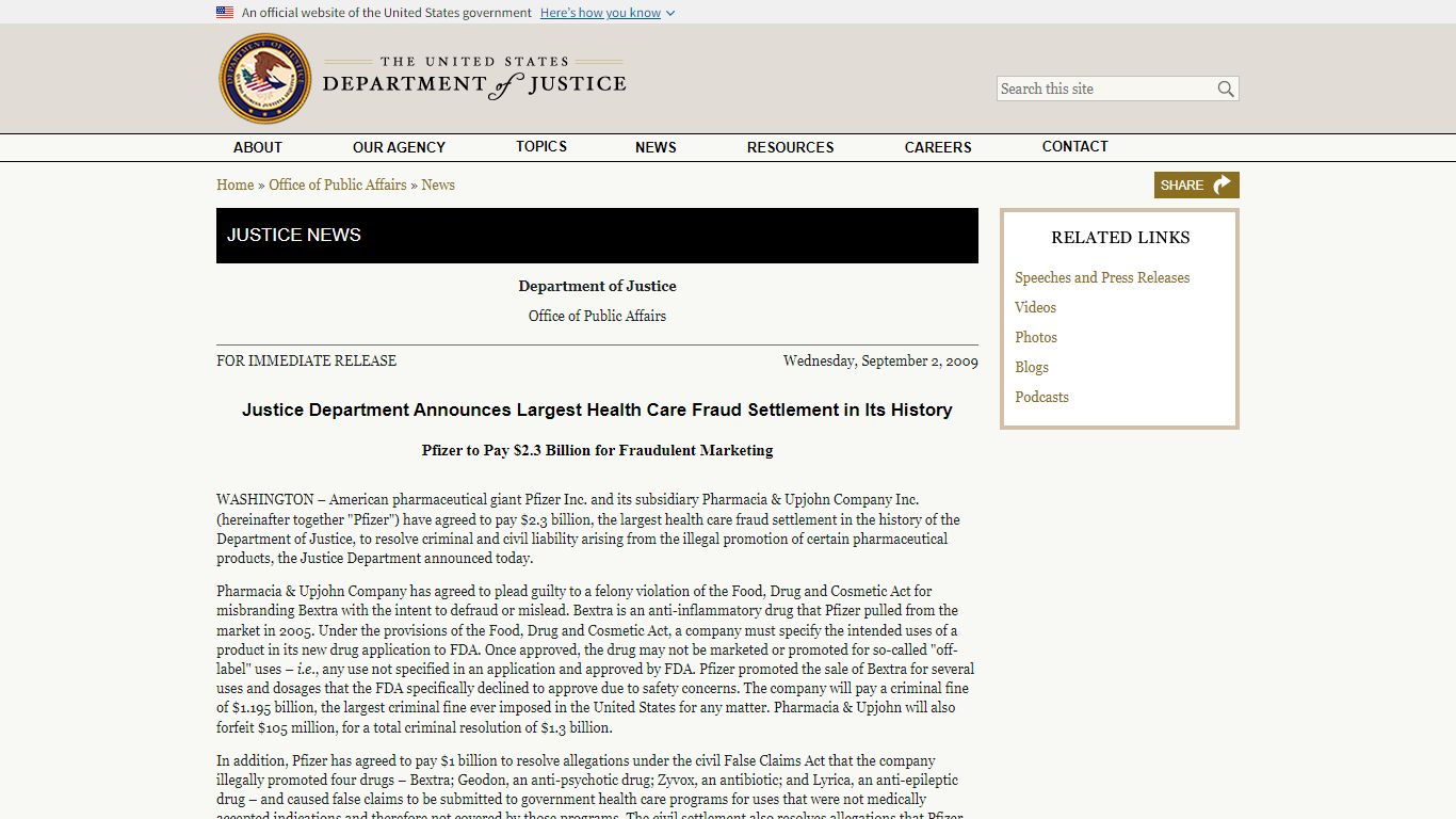 Justice Department Announces Largest Health Care Fraud Settlement in ...