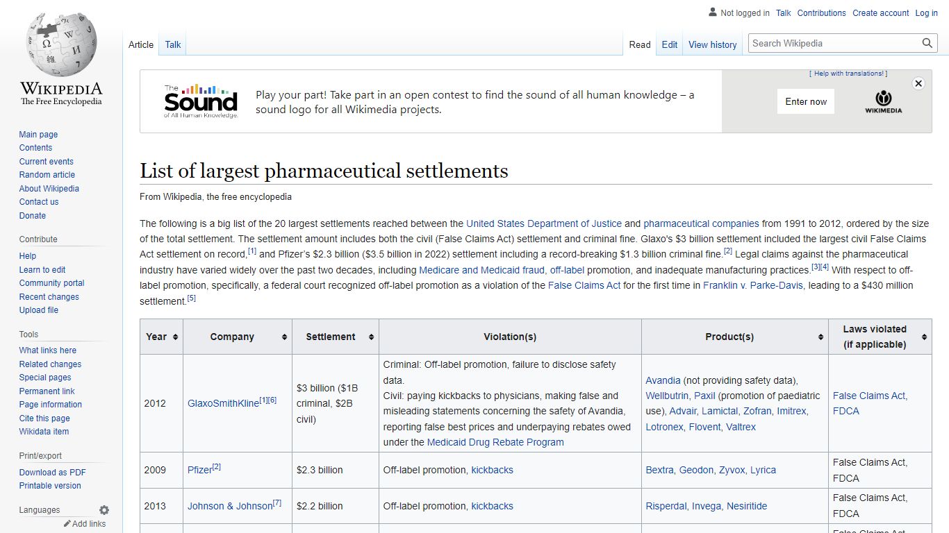 List of largest pharmaceutical settlements - Wikipedia